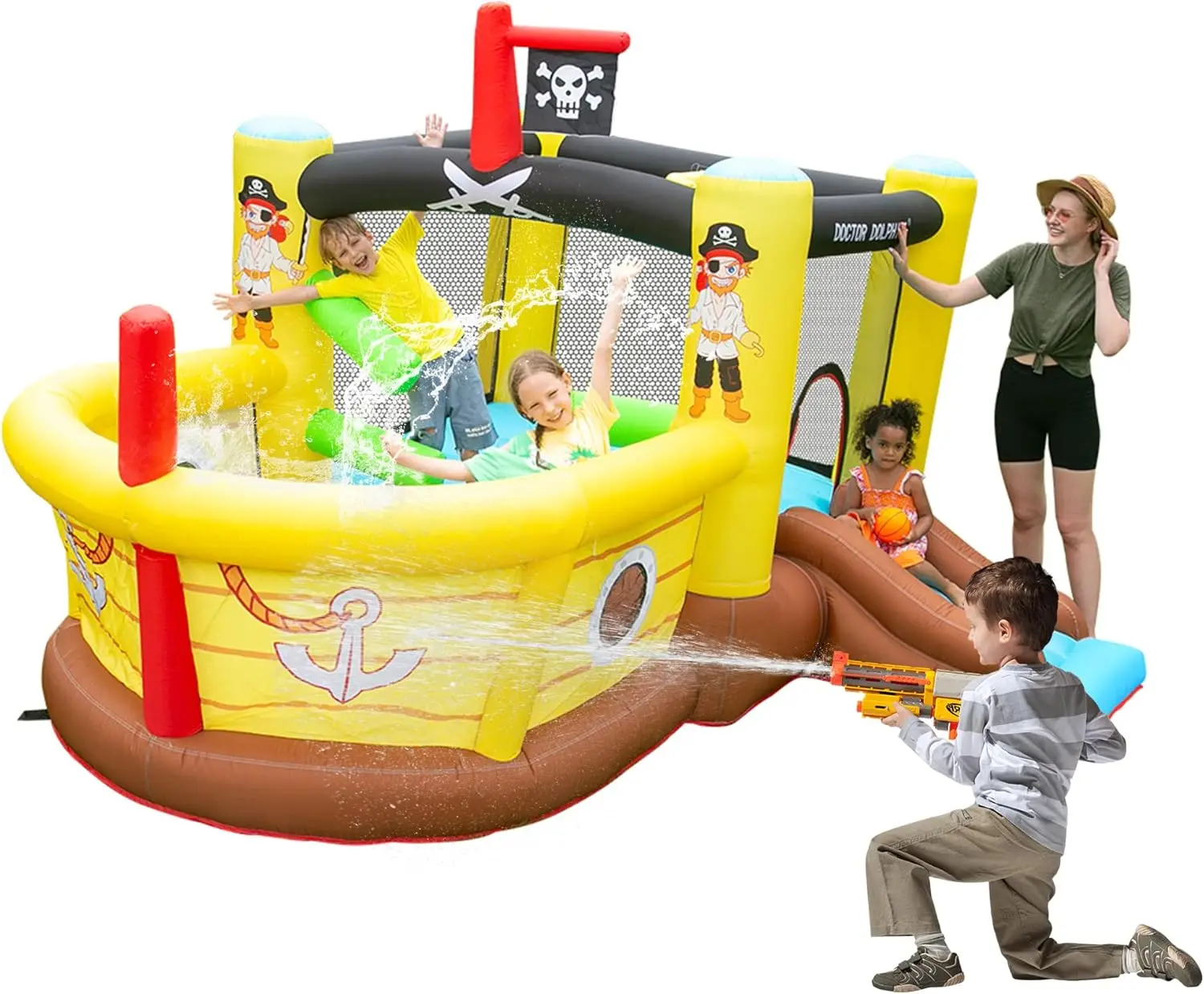 Toboggan gonflable Bounce House avec Obstacles, souffleur, thème de bateau pirate, fosse à balles, cerceau de basket-ball, videurs gonflables pour