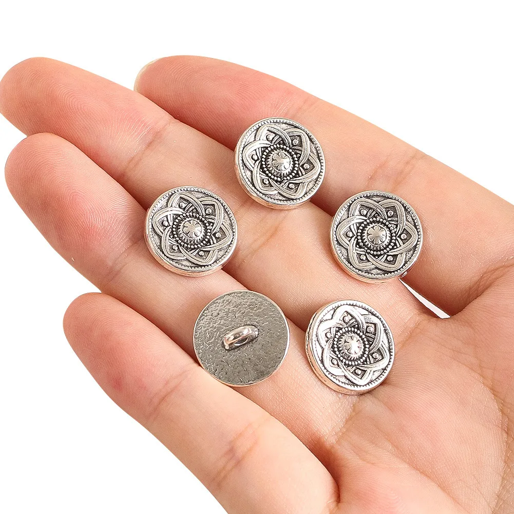 5PCS 14mm Circular Alloy Flower of Life Little Button Silver Vintage Style Clothes Sweater Coat Sewing Supplies Cufflinks Decor