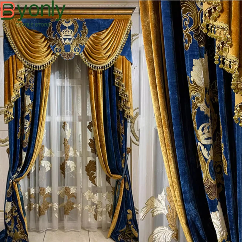 

High End European Style Palace Sapphire Blue Gold Embroidered Velvet Curtains for Living Room Bedroom Villa Window Screens