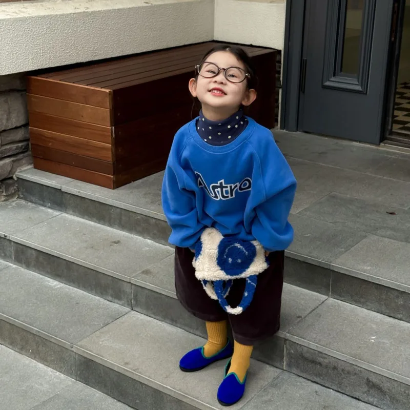 

2025 Autumn Winter Cotton Blue Children Kid Boy Girl Clothes Fleece-Lined Thick Crew Neck Sweatshirt Pullover 3-10 Years Top
