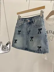 Embroidered Bow Denim Skirt Female Summer 2024 Short Tall Slim A-line Skirt