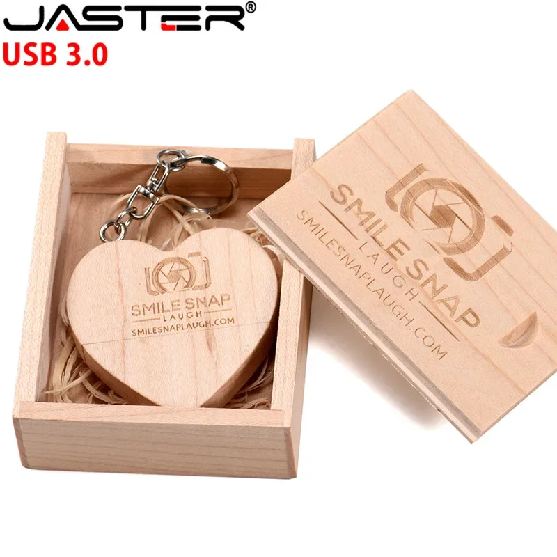 

JASTER 64GB Wooden Heart Shape Usb3.0 + Packing Box USB Flash Drive Pendrive 4GB 16GB 32GB Photography Gift Customizable LOGO