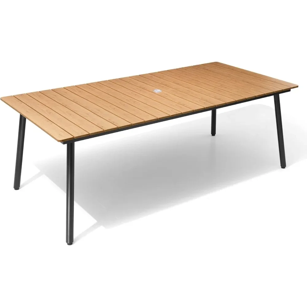 

Outdoor Dining Table, Patio Dining Table with Wooden-Like Top and Aluminum Frame, Rectangular Table with Umbrella Hole Outdoor
