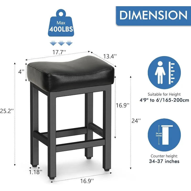 Counter Height Bar Stools Set of 2, 24 Inch Barstools for Kitchen Island Counter, Bonded Leather Kitchen Stools