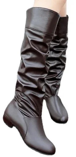 2023Shoes For Women Knee High Boots Red Black White Tall Boots Woman Pleated Low Heel Casual Leather Female Long Shoes