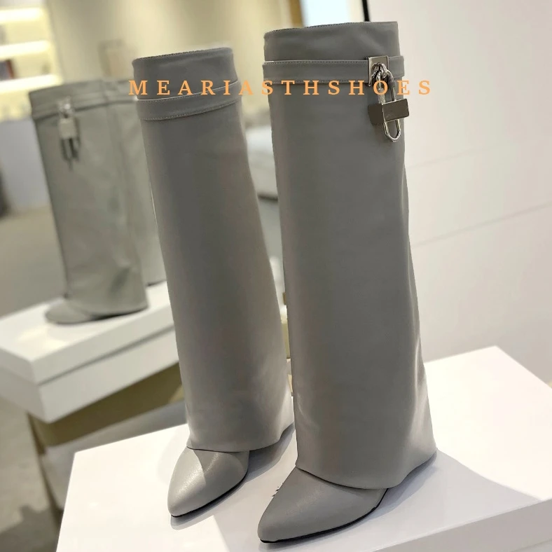 قفل معدني مطوية امرأة حذاء بكعب ويدج حزام جلد أسود الارتفاع زيادة حذاء برقبة للركبة أشار تو الشتاء أحذية طويلة حجم 44 #2