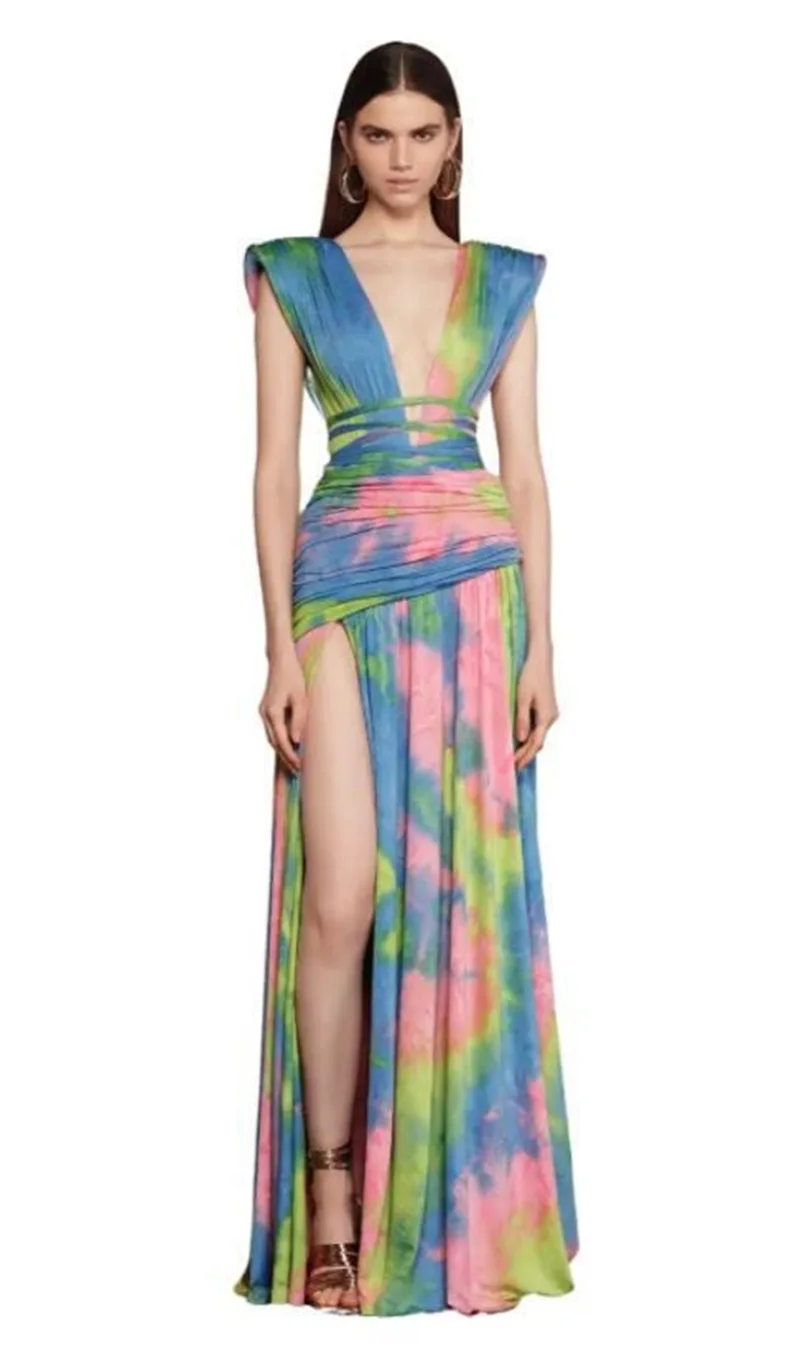 

Sexy Colorful Women's Party Gown V Neck Sleeveless Casual Pleated Long Maxi Block Printed Floor Split Evening Dress Robes