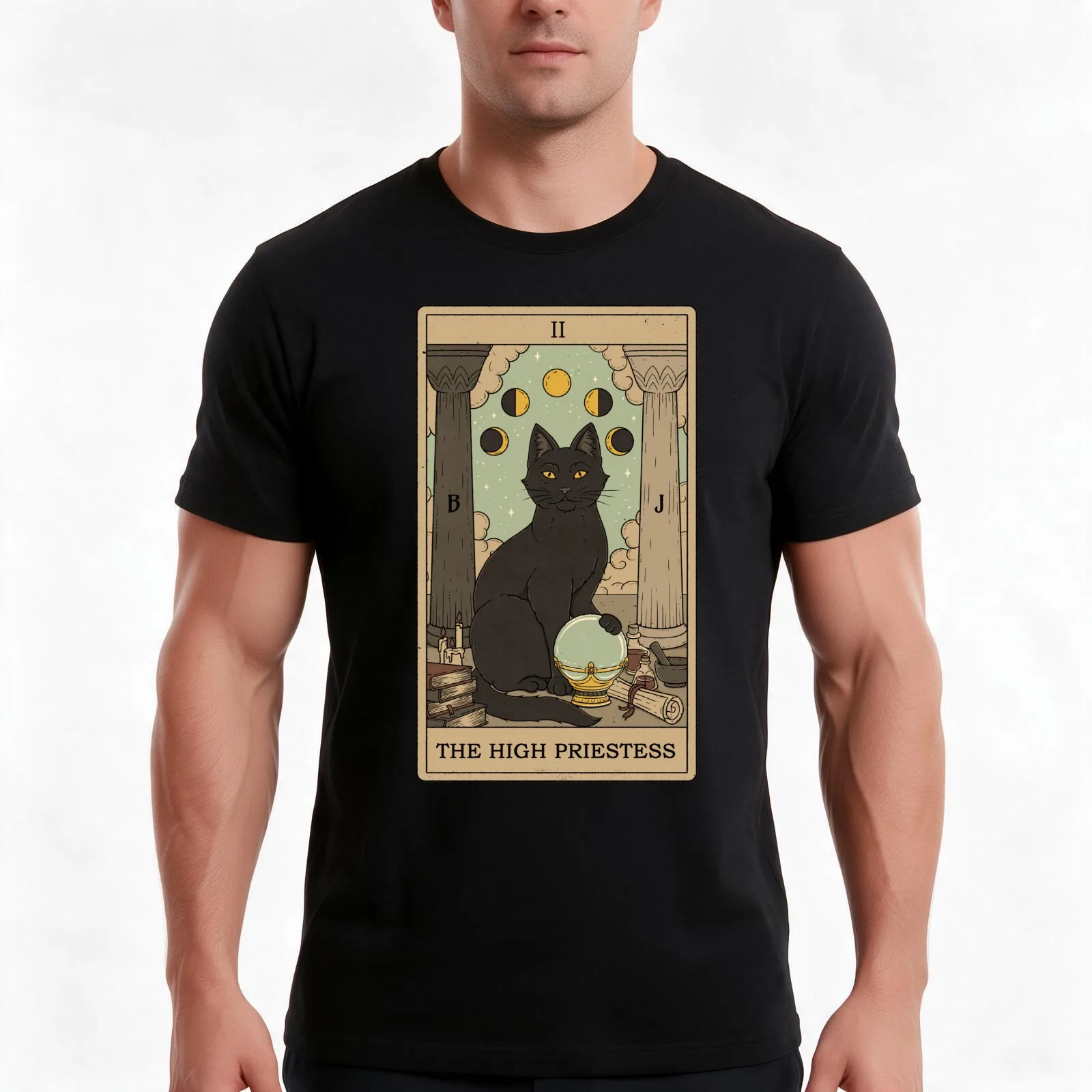 The High Priestess - Cats Tarot T-Shirt Summer Casual Cotton Tee Oversized Streetwear Tops Vintage Graphic Print 100% Cotton