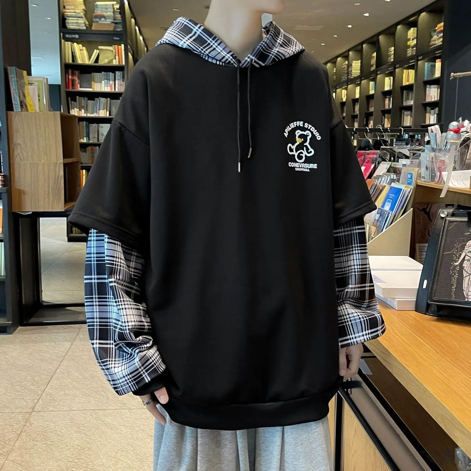 

Sweatshirts for Man Plaid Hoodies Men's Clothing Loose Black Splicing Hooded No Brand Y2k Vintage Designer Cotton Pastel Color