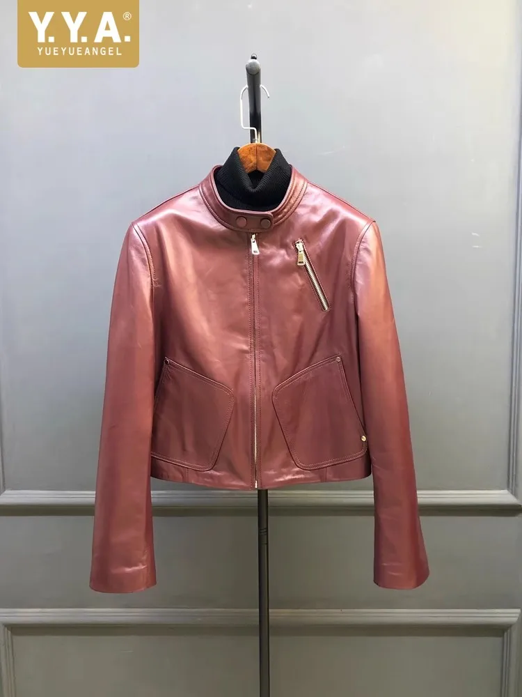 Females Spring Autumn New Style Retro Short Jacket Outerwear Stand Collar Zipper Work Lady Fashion Real Sheepskin Jackets Coat