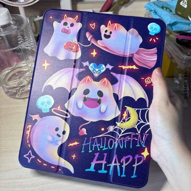 

Новый милый чехол для планшета с рисунком призрака на Хэллоуин для IPad 2021 10,2 Pro 2022 12,9 11 дюймов Чехол тройного сложения Y2k Готический для Ipad Air 5 4 Mini 6