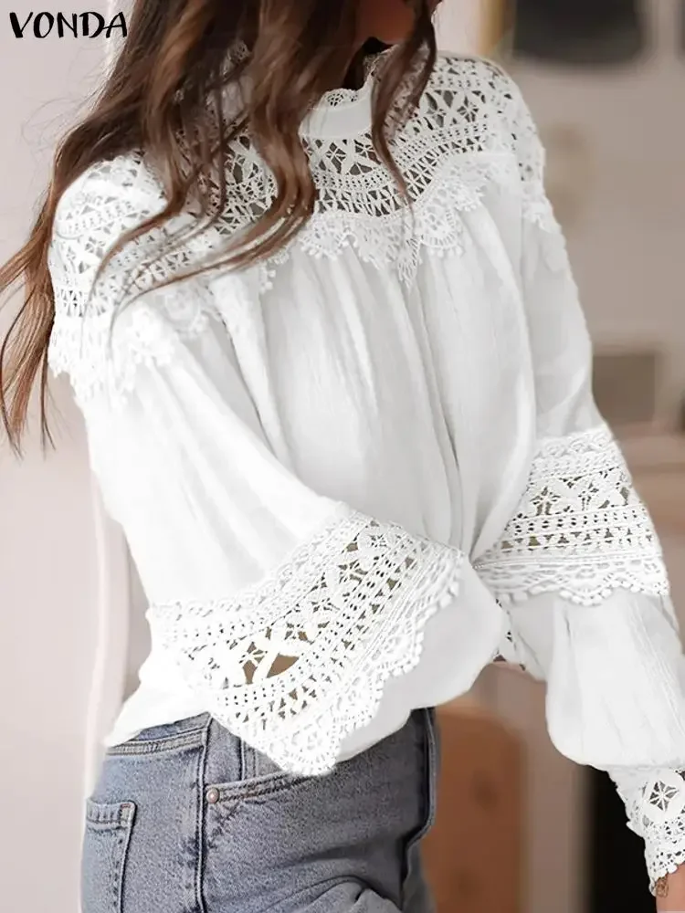 

Плюс размер 5XL VONDA, женская модная блузка с воротником-стойкой, кружевные топы с длинными рукавами, осенние лоскутные повседневные элегантные офисные рубашки Blusas