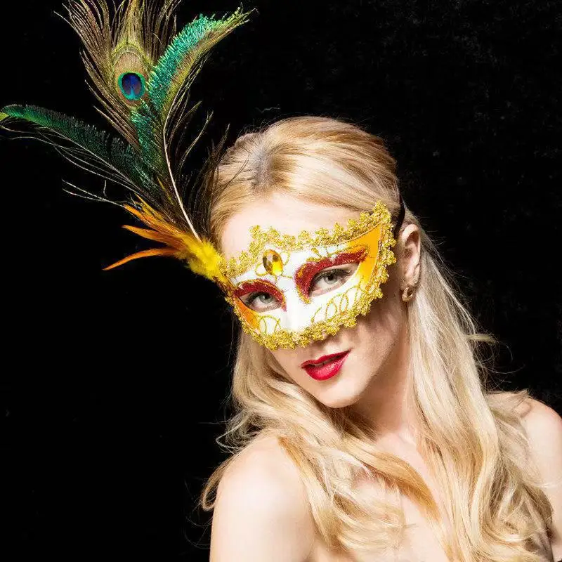 Máscara de mascote de penas de pavão para mulher retro carnaval traje festa meia máscara facial máscara de dança de halloween adereços de desempenho