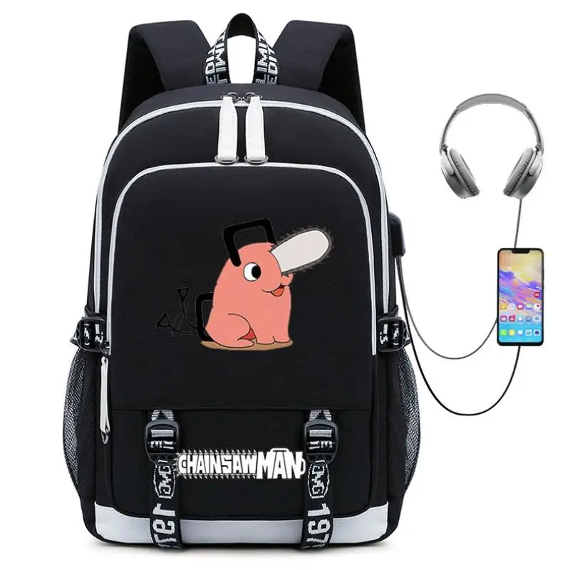 The Chainsaw Man Girls Backpack Fashion Teenager Bookbag Printing Canvas USB Charging Backpacks Laptop School-Bags Travel Female