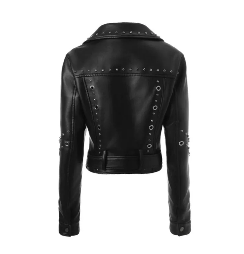 Jaqueta de couro preta de ajuste regular feminina high street moto biker jaqueta outono blusão punk rebite jaqueta bomber roupas femininas