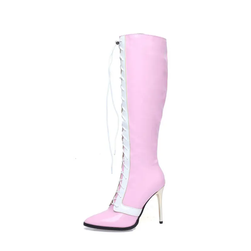 PU Patent Leather Pink White Contrast Color Luxury Pointed Toe Sexy Knee High Cowboy Girl Boots Lace-up Thin Heels Stretch Boots