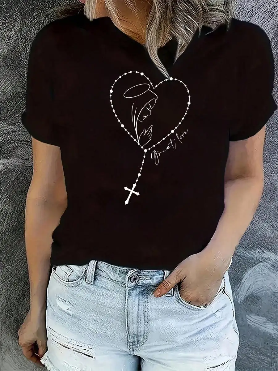 1PC,Plus Size Women s Pure Cotton T-Shirt With Religious Heart Rosary Design, Angel And Cross Print, Casual V-Neck Short Sleeve Top For Daily Wea