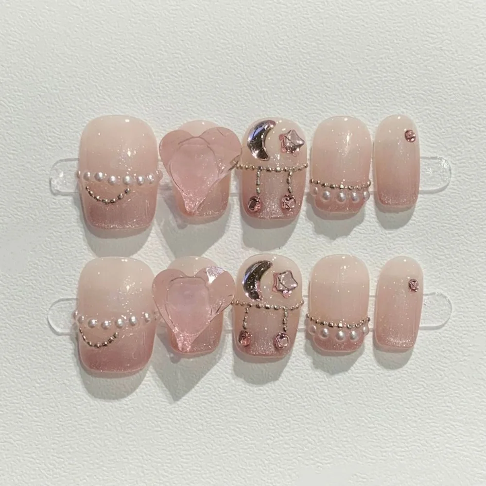 

10pcs Handmade Nails Tips Nude Cat's Eye Gradient Design False Nail Art Pearl Diamond Short Square Fake Nail Press on Nails Sets