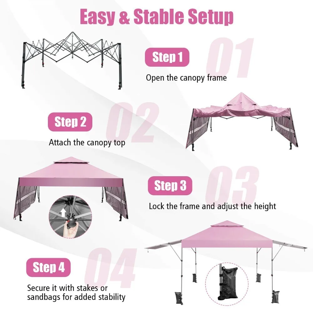 10'x17.6' Outdoor Instant Pop-up Canopy Tent Dual Half Awnings Adjust Patio Pink view 5