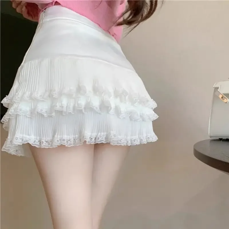 レディース ミニスカート ブラック ハイウエスト ミディ丈 ショート レース スカート フリル Y2K ヴィンテージ シック エレガント 夏 2025 ストリートウェア V