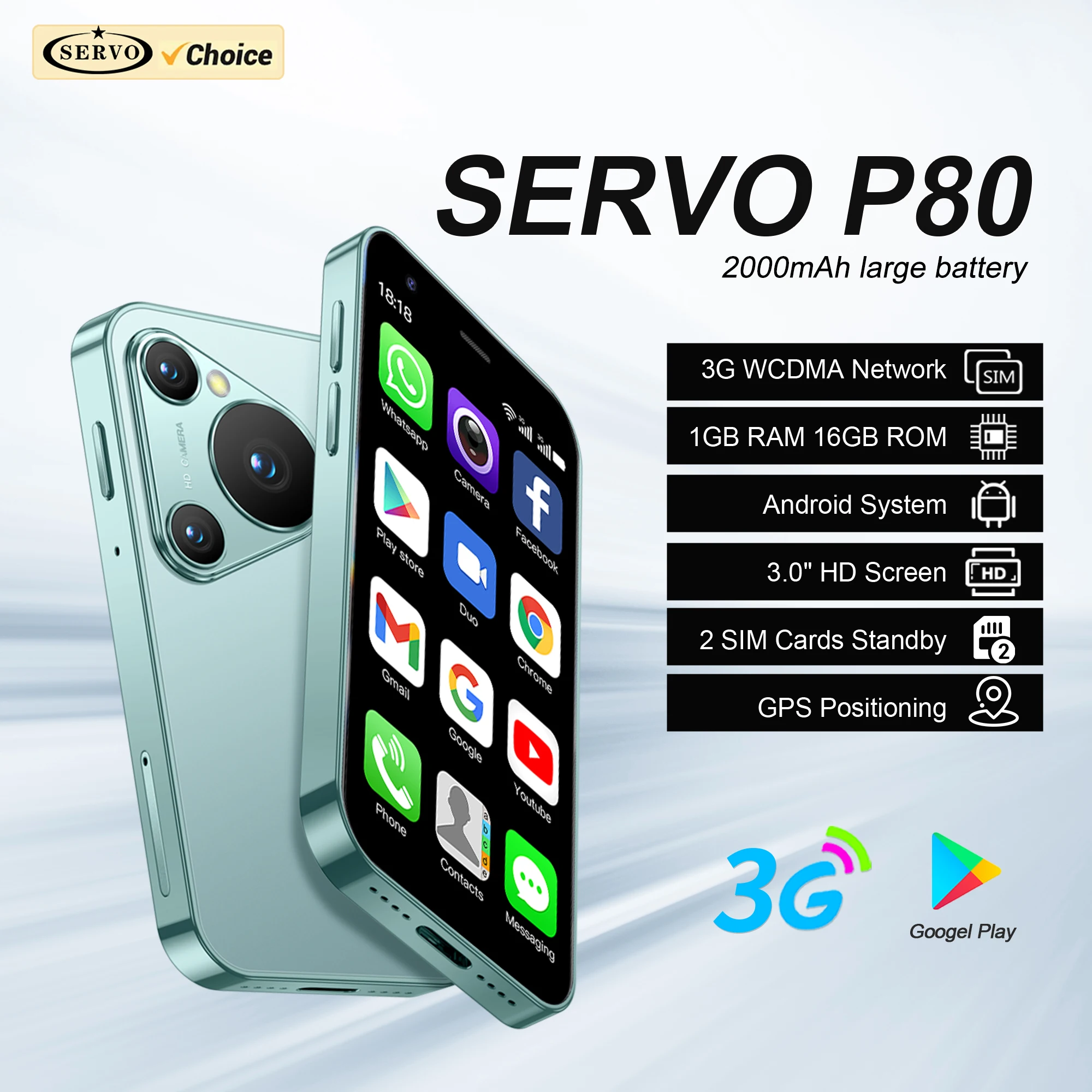 SERVO P80 Mini Smartphone sistema Android 1GB + 16GB WiFi Hotspot Play Store WhatsAPP 3G WCDMA pequeños teléfonos móviles inteligentes 2 SIM en espera