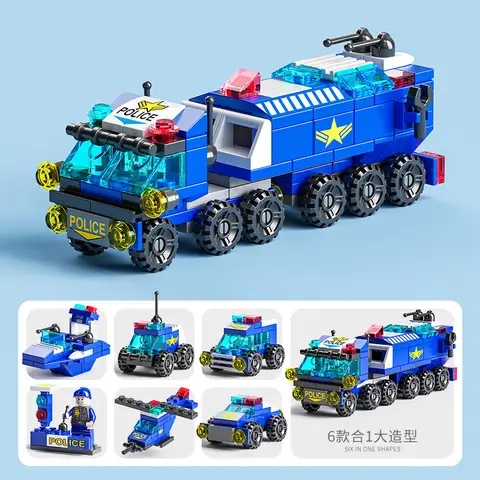 6 in 1 Mega City Building Set - Police Car, Fire Truck, Crane, Tank, Helicopter & More, Construction Engineering Toys Gift