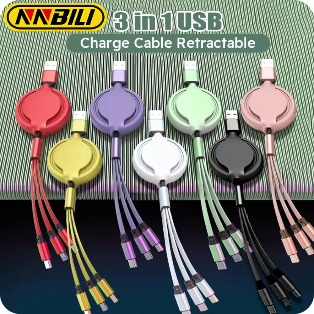 NNBILI 3 In 1 USB Cable Retractable Fast Charging Data Cord For iPhone Samsung Huawei Xiaomi Multi Port Multiple Charging Wire