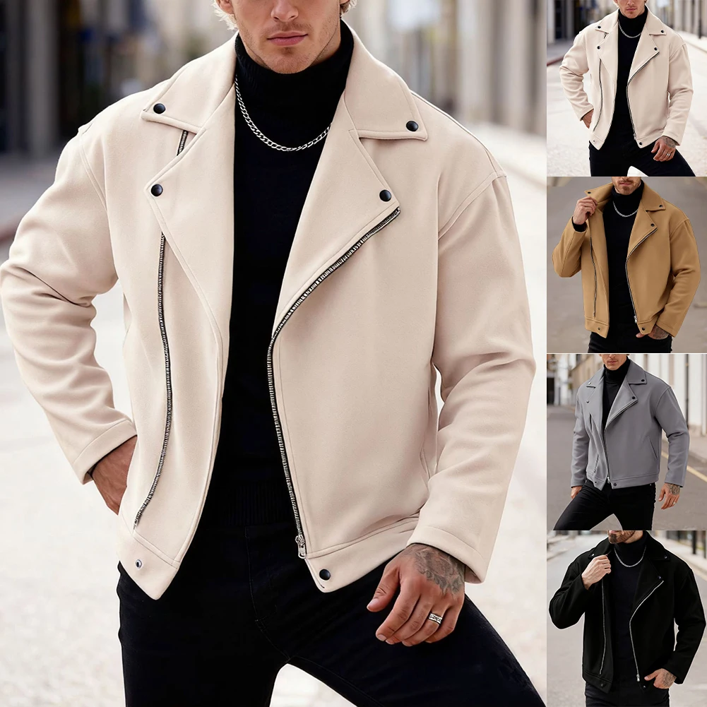 

Men's Long Sleeve Woolen Outerwear Jacket with Lapel Collar and Diagonal Zipper Suitable for Casual and Party Events