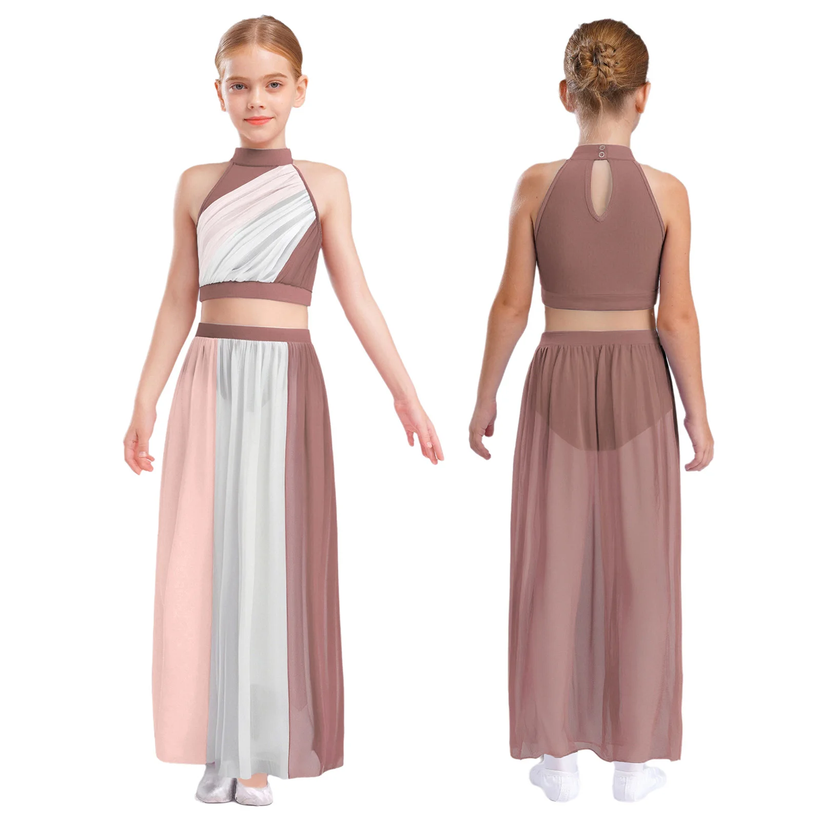 Girls Lyrical Dance Set Sleeveless Crop Top with Split Chiffon Skirt Rhinestones Modern Skating Ballet Performance Dancewear