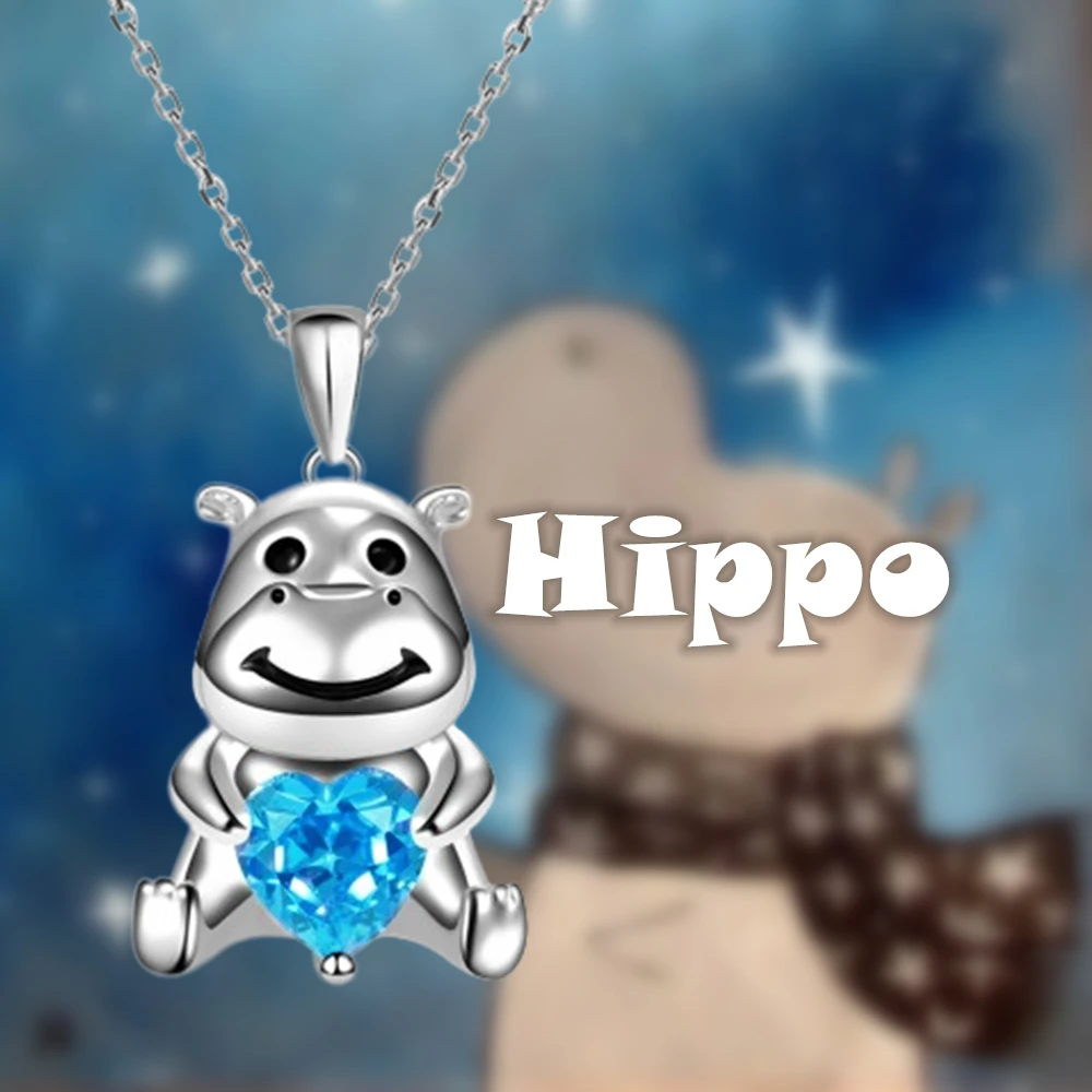 Cute Cartoon Hippo Heart Blue Crystal Pendant Necklace Delicate Women's Animal Jewelry Fashion Girls Birthday Accessories Gifts