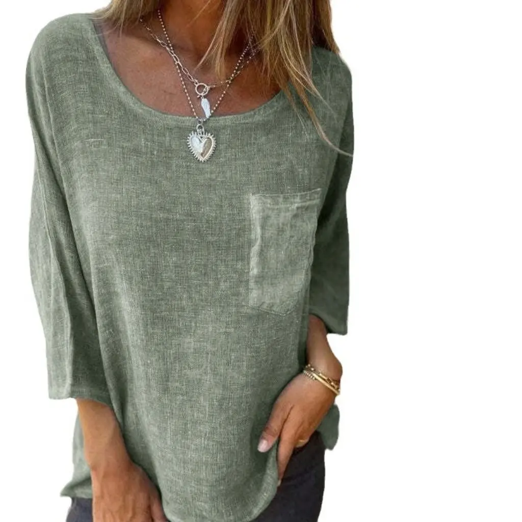 

Casual Cotton Linen round Neck T-Shirt for Women with Pocket Independent Station Design Fashionable Women's Top