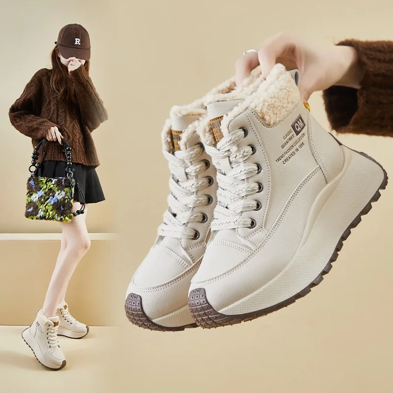Snow Boots Womens Winter New High-Top Velvet Warm Cotton Boots Korean Version Fashion Thick-Soled Heightening Casual Shoes Women