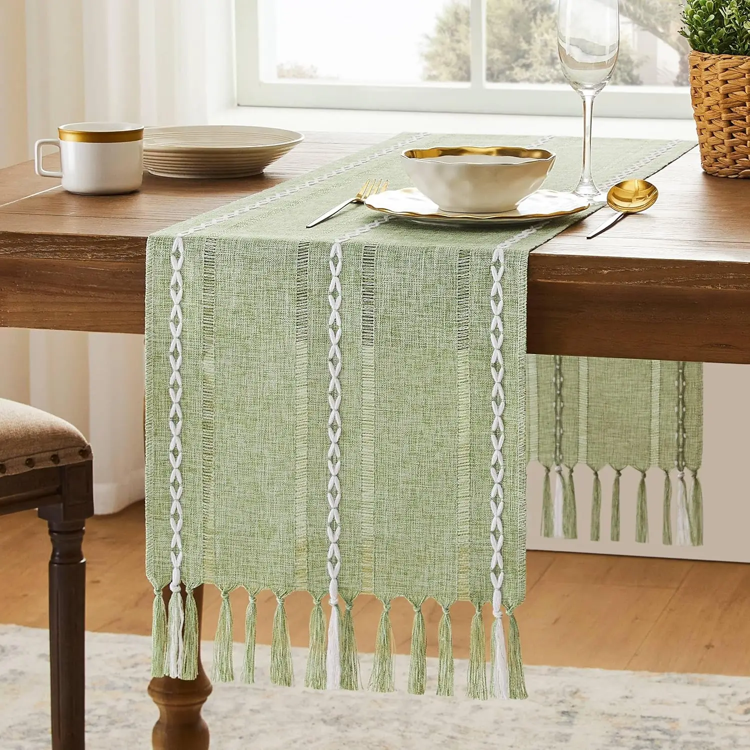 

Bohemian Farmhouse Table Runner Tassel Braided Striped Fringe Coffee Dining Room Bedroom Wedding Rustic Bride Shower Decor