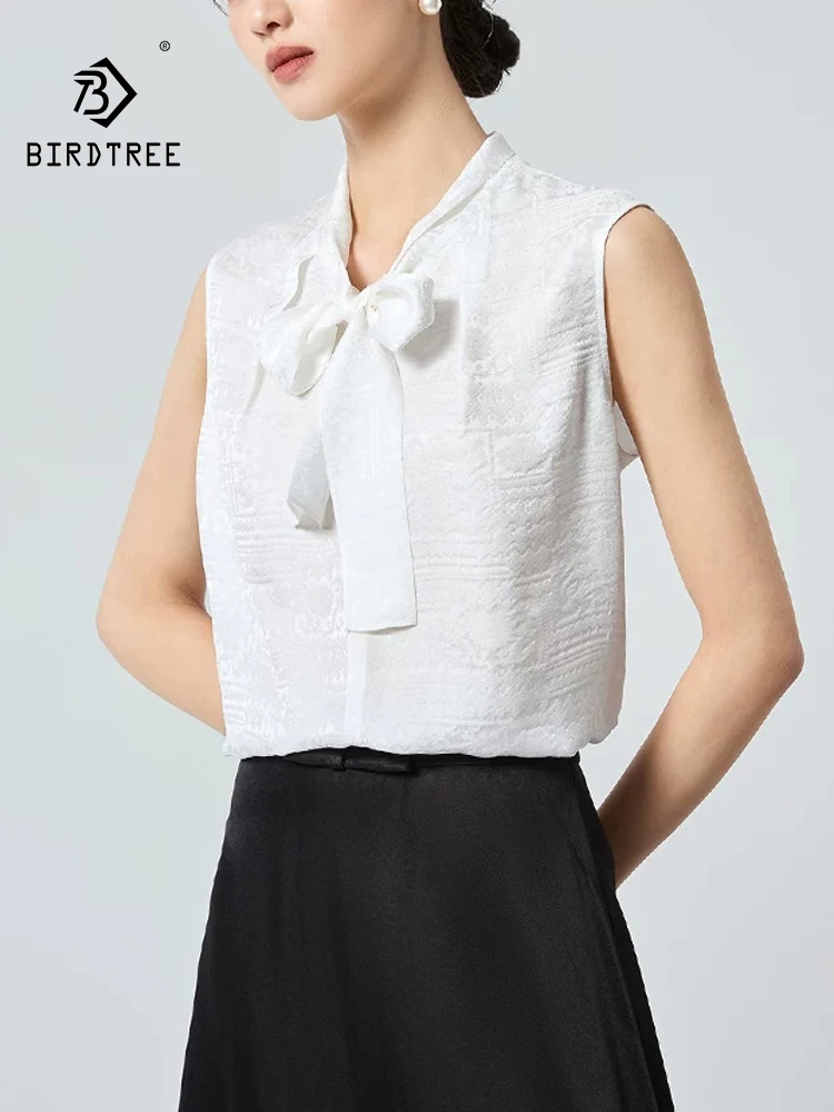 

BirdTree-19MM 100%Real Silk Elegant Shirt, Sleeveless V Neck Bow Lace-up, Women Temperament Loose Blouse, 2026 Summer T63738CC
