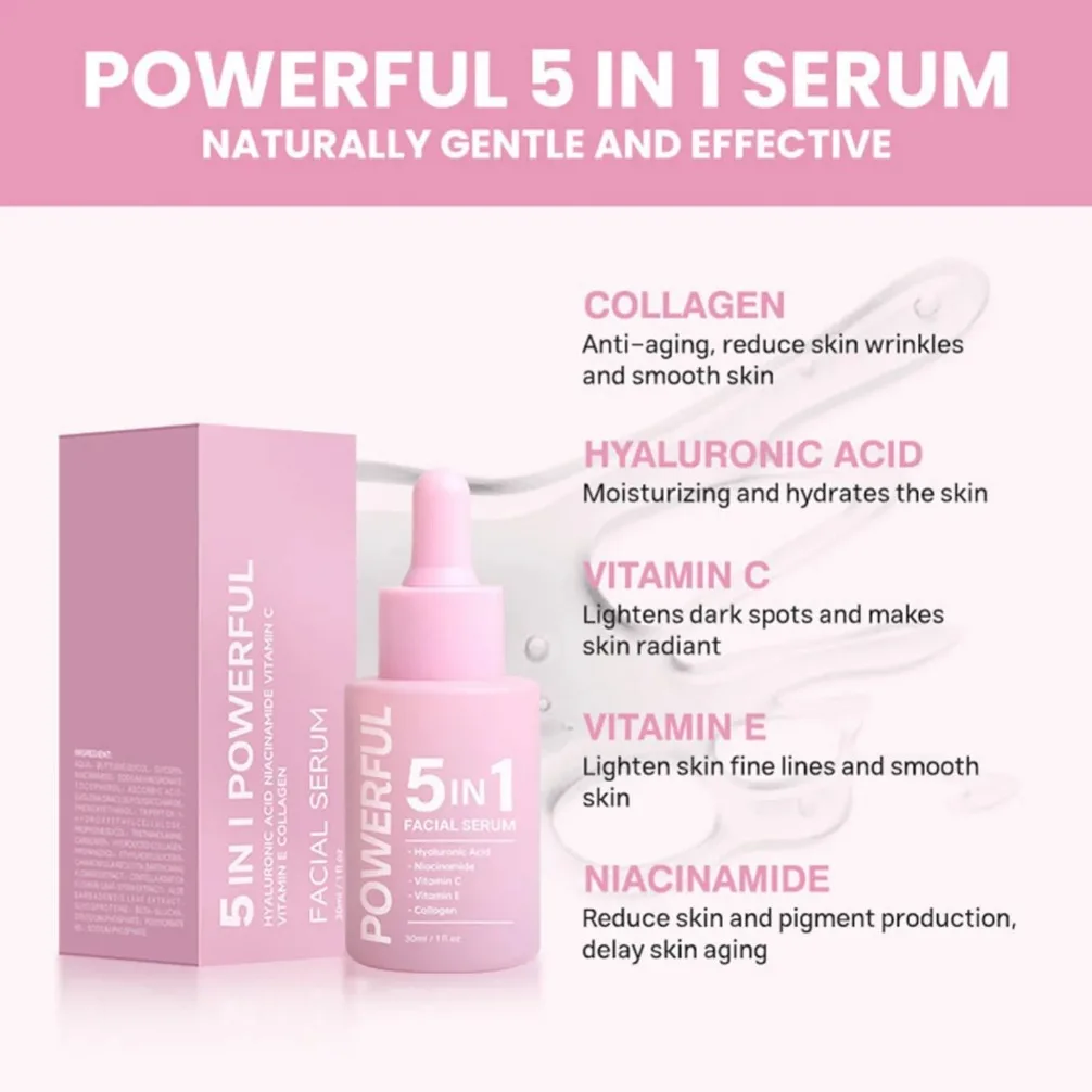 5 In 1 Wrinkle Remover Face Serum Anti Aging Lifting Sagging Skin Lighten Fine Lines Whiten Moisturize Hyaluronic Acid Essence