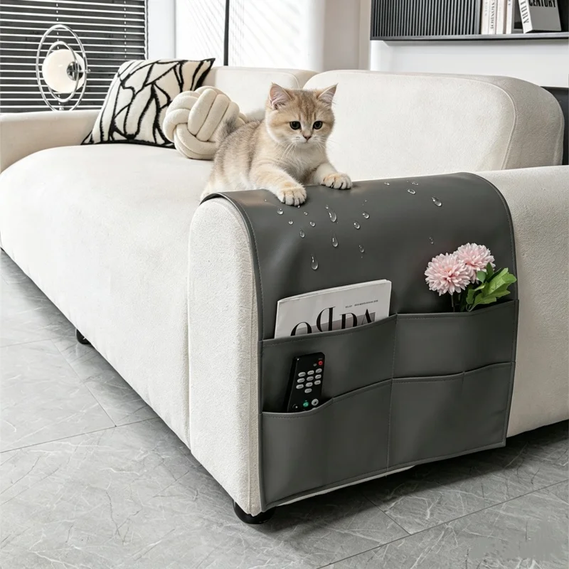 Waterproof PU Leather Sofa Armrest Pad Anti‑Slip with Side Storage Pocket Dustproof Adjustable 1/2/3/4 Seat Backrest Sofa Cover