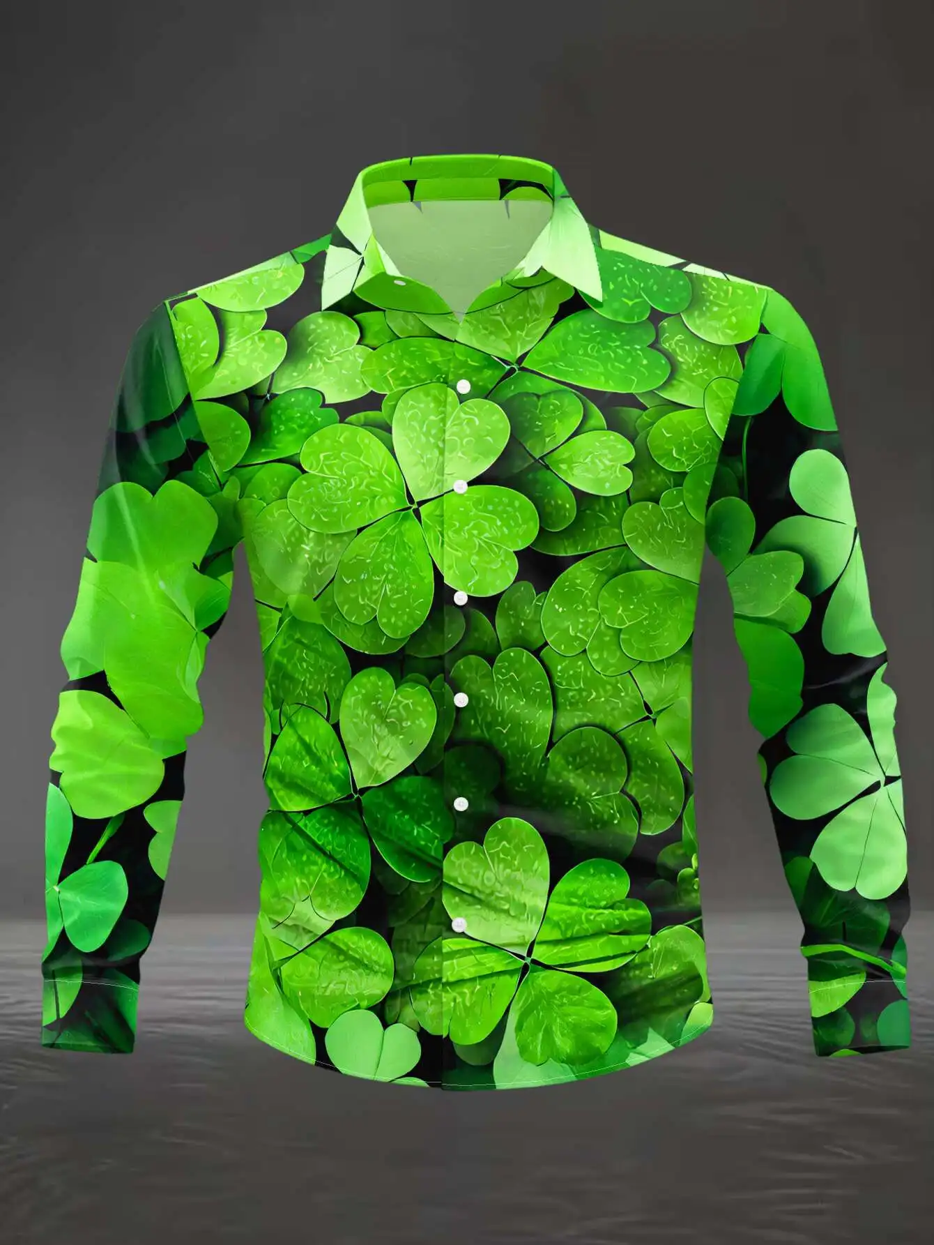 Men Long Sleeve Button Down Shirt Green Shamrock Clover All‑Over Print Polyester Lapel Collar St Patrick's Day