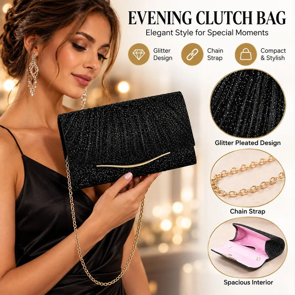 Pleated Flap Wedding Bag Glitter Fabric Foldover Closure Evening Clutch Bag Detachable Chain Strap Elegant Style Party Purse