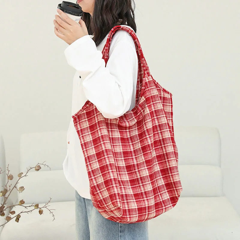 

YIFAN Korean Vintage Plaid Canvas Tote Bag Women Casual and Versatile Shoulder Bag Large Capacity Simple Commuting Bag