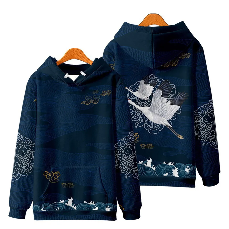 Kanagawa-Sudadera con capucha con estampado de grulla ondulada para hombre y mujer, suéter informal de gran tamaño, ropa Harajuku, Otoño e Invierno