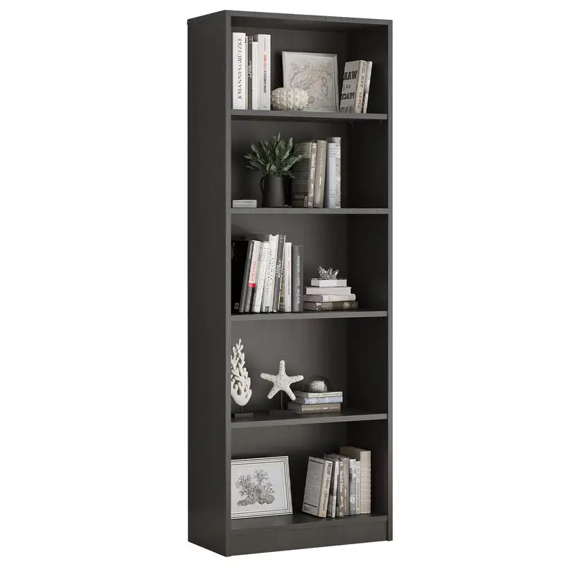 Freestanding 5-Shelf Wood Bookshelf with Adjustable Shelves for Home and Office, Grey Finish, 5 Layer Design