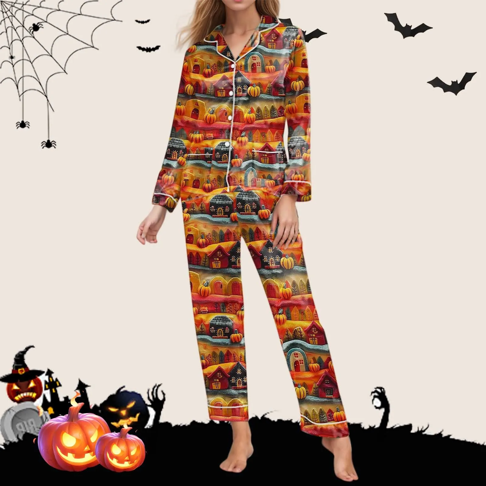 2 Piece Pajama Set Women\'s Halloween Nightgown Satin Silk Shirt Long Pants Women 2024 Halloween Pumpkin Graphic Long Pajama Set