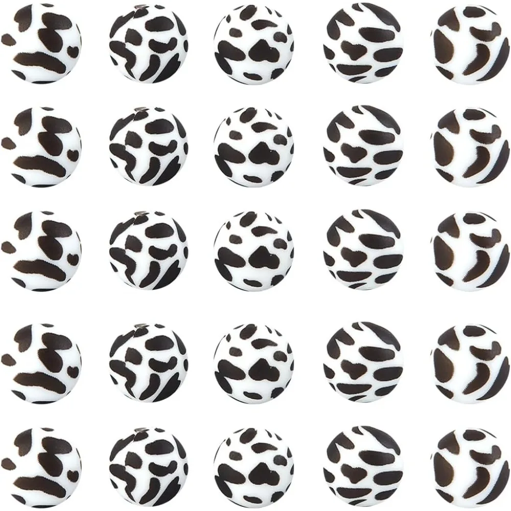 

1 Box 50Pcs Cow Printed Silicone Beads 15mm Bulk Print Beads Loose Black and White Leopard Rubber Focal Round Cows Beads