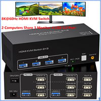 8K@60Hz HDMI KVM Switch 3 Monitors 2 Computers,Triple HDMI USB 3.0 KVM Switcher 2PC Share 3 Monitors 4 USB Ports Keyboard Mouse