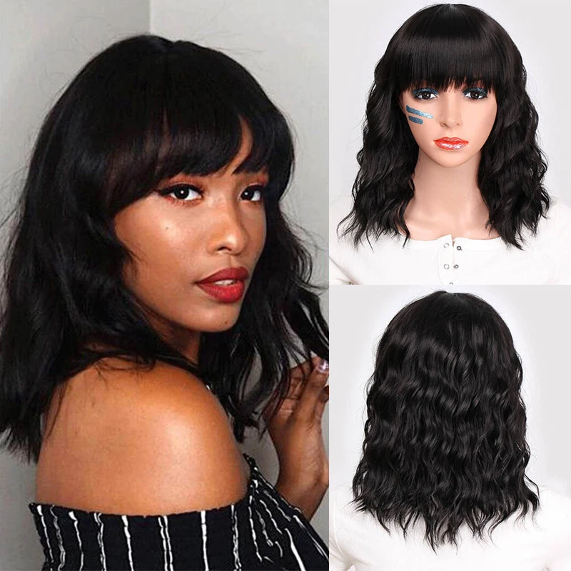European and American women's synthetic black wavy long curly hair with bangs wig
