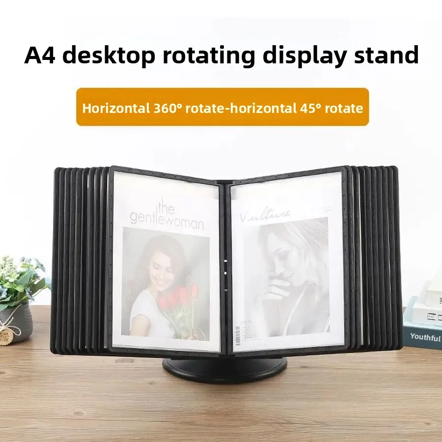 Flip File Holder A4 Document Display Stand, Desktop Menu & Brochure Organizer, 360° Rotatable Display Rack