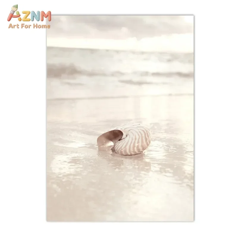 AZNM Neutral Beige Beach Scenery Canvas Wall Art Seastar Seashell Seagull Dune Grass Print Coastal Boho Style Living Room Home D