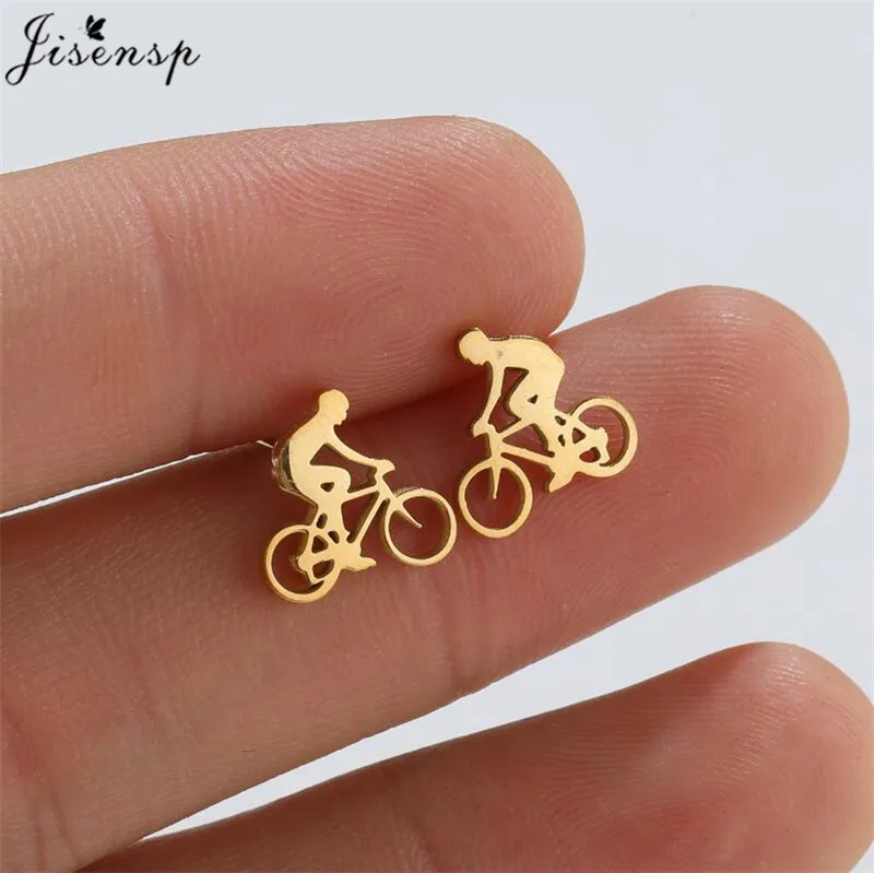 Jisensp Tiny Bike Bicycle Earrings for Women Fashion Silver Color Fitness Sport Stud Earrings Piercing Ear Jewelry Gift Friends