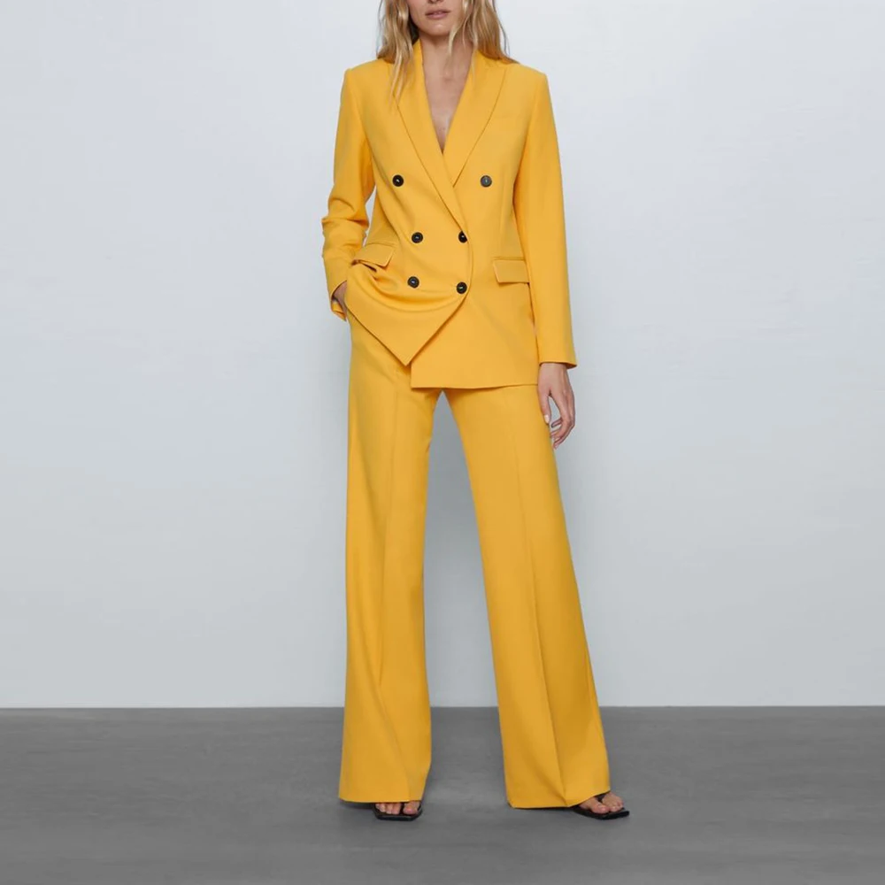 

Customized two Pieces Suit Set for Women Double Breasted Jacket Wide Leg Pant Set Loose Fit Office Daily Life Female Clothing