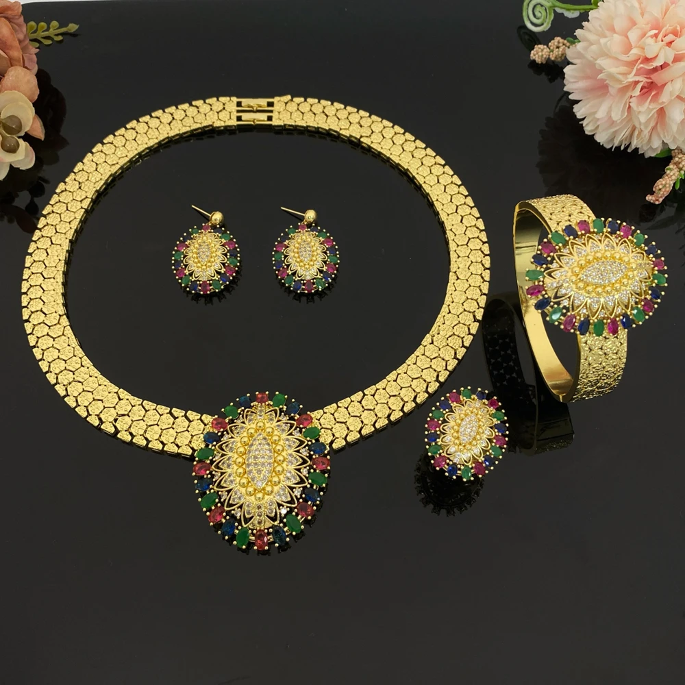 

JRH Gold Plated Brass Sparkling Party Jewelry Set with Zircon Luxury Women's Bracelet Ring Necklace Earrings Fashion Accessory